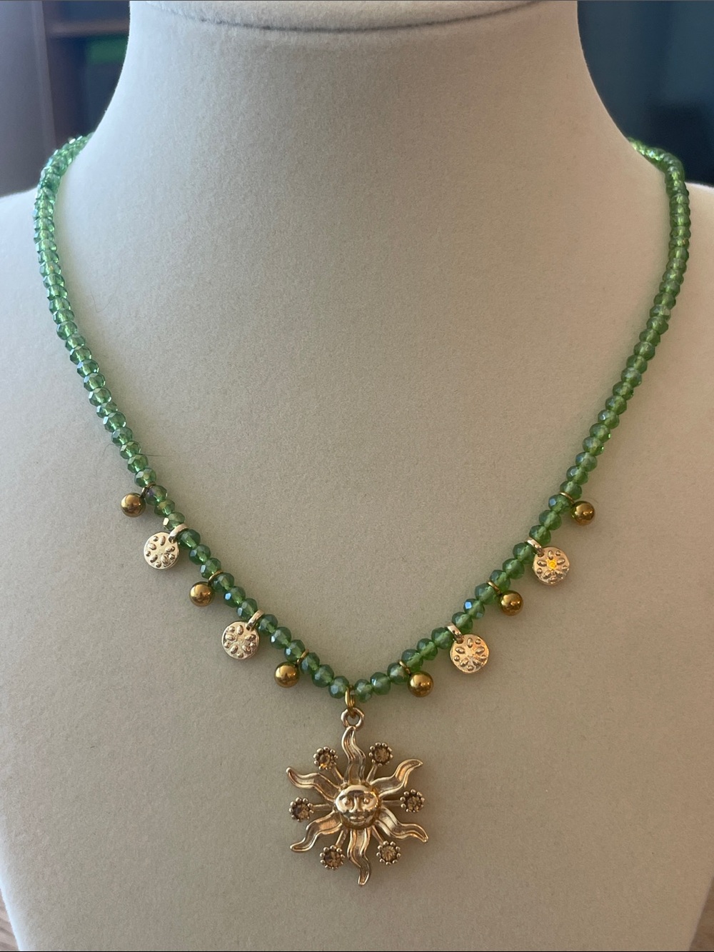 Anthropologie Green Beaded Necklace with Gold Sun Pendant